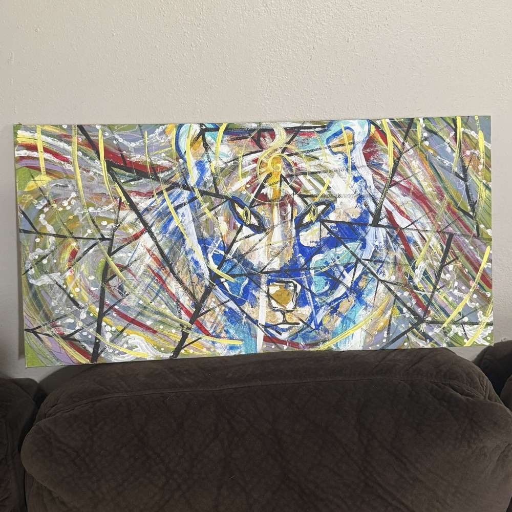 Abstract Modern Lion Face Minds Eye Blue Yellow Acrylic Painting Canvas 12x24"